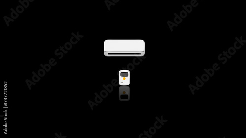 Modern white wall-mounted air conditioner unit with its remote control, offering climate comfort and temperature regulation, isolated on a sleek black background.