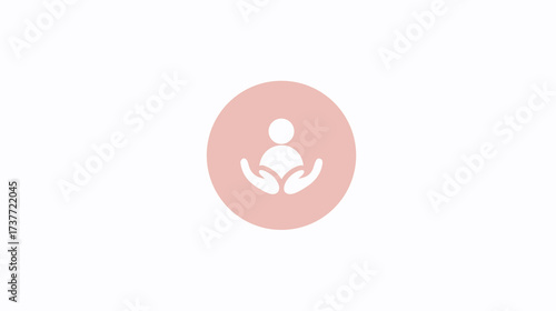 Modern vector icon of human care, support, and protection. Abstract person with cupped hands in a soft pink circle. Minimalist symbol.