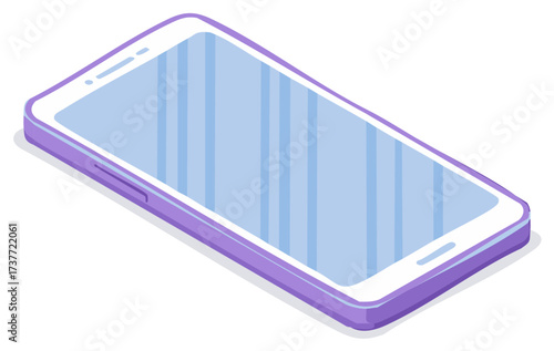 Isometric style smart phone with lavender colored frame and white screen for app templates, ui or digital marketing.