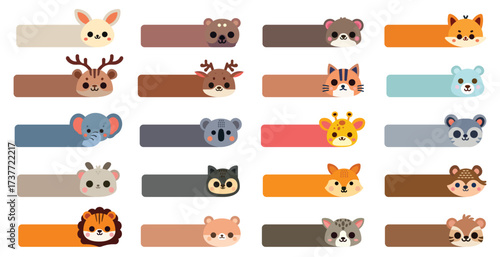 Set of cute face animal name labels in modern, Cartoon characters, Vector illustrator