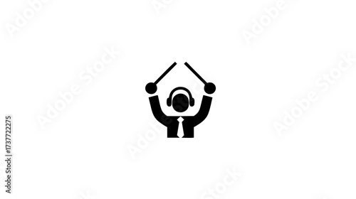 Black vector icon of a drummer or music producer wearing headphones and holding drumsticks, audio performance and sound engineering symbol.