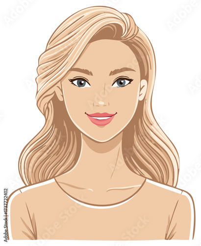Blond woman smiling with flowing wavy hair and blue eyes.  Cartoon illustration of a fair skinned female with a kind expression