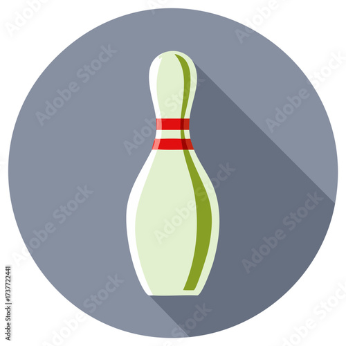 Bowling pin icon in flat design style with long shadow on a gray circle background