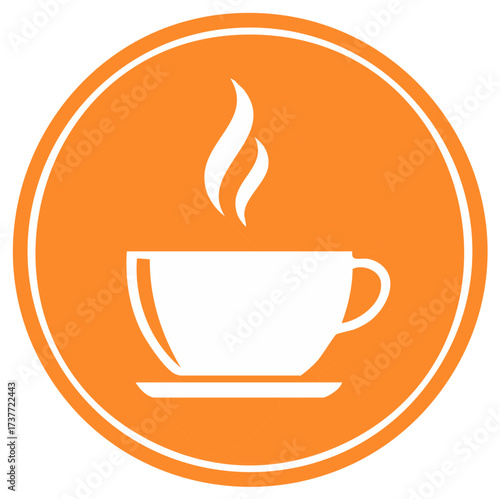 White coffee cup with steam rising on a vibrant orange circular background