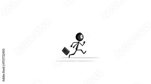 Stick figure businessman running with briefcase, symbolizing urgency, deadline, work pressure, and quick action on a white background