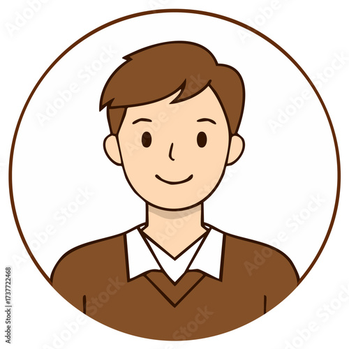 Simple cartoon portrait of a smiling young man in a brown sweater and white shirt collar