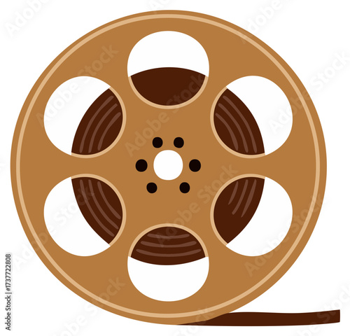 Vintage film reel with brown tape unwinding for cinema and movie production