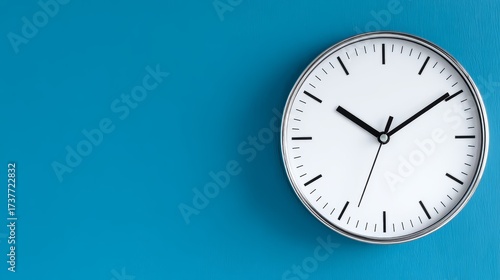 Wallpaper Mural Blue wall clock white face minimalist time display modern clock on blue wall with clean white face and numbers Torontodigital.ca