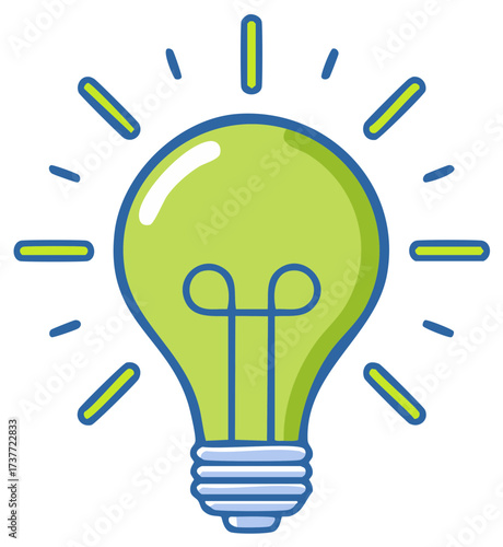 Cartoon style lightbulb with emanating light rays expressing ideas and concepts