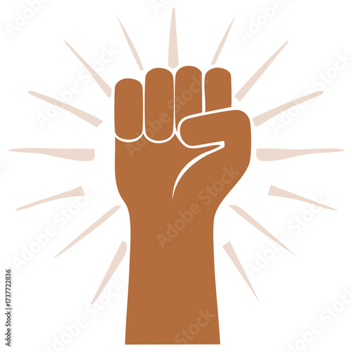 Raised fist illustration with sun rays symbolizing power and solidarity, protest concept