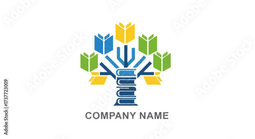 A flat vector abstract education logo with a tree made of book pages and branches