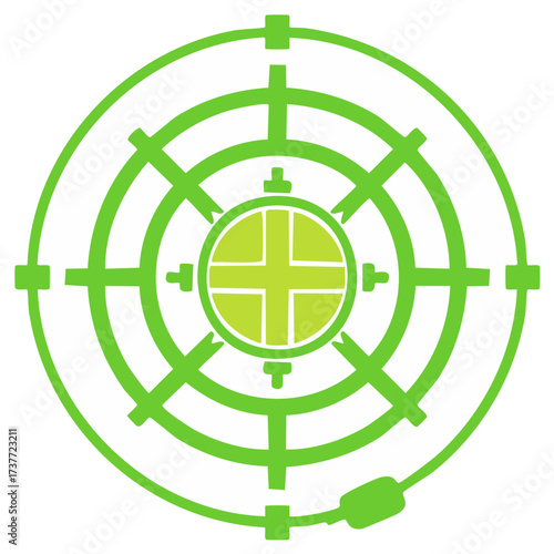 Green crosshair target icon with concentric circles and cross symbol in the center