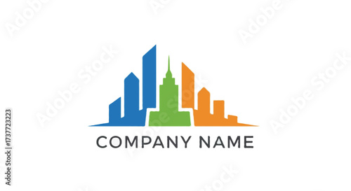 A flat vector abstract real estate logo with a simple city skyline silhouette