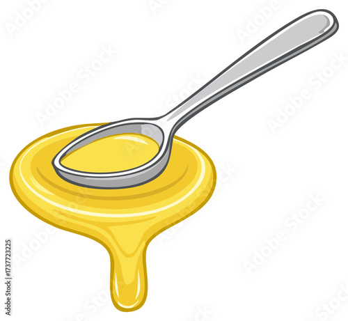 Cartoon style yellow honey dripping from a spoon. Sweet food, illustration.