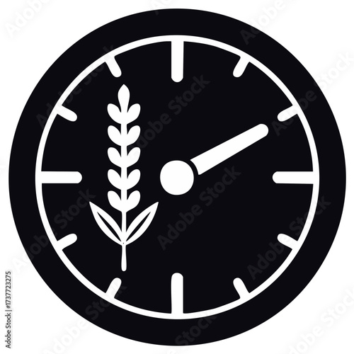 Minimalist clock with wheat stalk indicating agricultural seasons or food timing