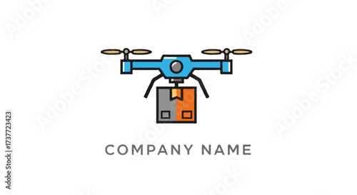 A flat vector abstract logistics logo with a delivery drone carrying a package