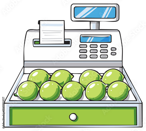Cartoon cash register with a tray of fresh green limes at a grocery store checkout