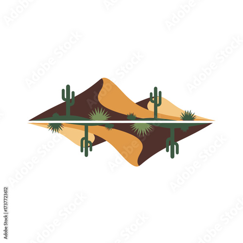 Desert Landscape Reflection with Cacti and Sand Dunes.