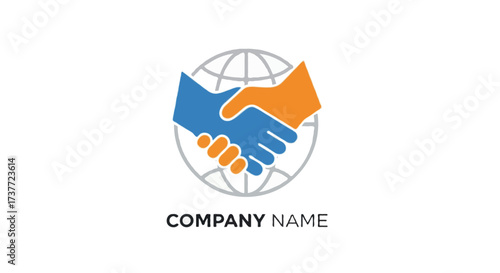 A flat vector abstract business logo with two hands shaking inside a globe