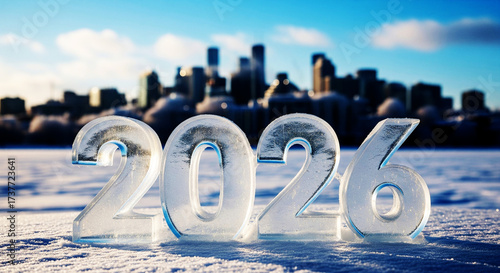 Wallpaper Mural New Year 2026 Crystal clear ice numbers spelling out the year 2026 stand in a snowy landscape with a city skyline in the background Torontodigital.ca
