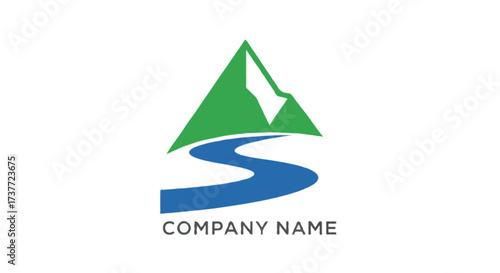 A flat vector abstract eco logo with a mountain peak and river flowing