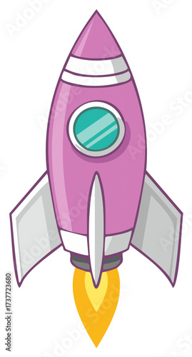 Whimsical pink cartoon rocket ship launching upwards with engine flames vector illustration