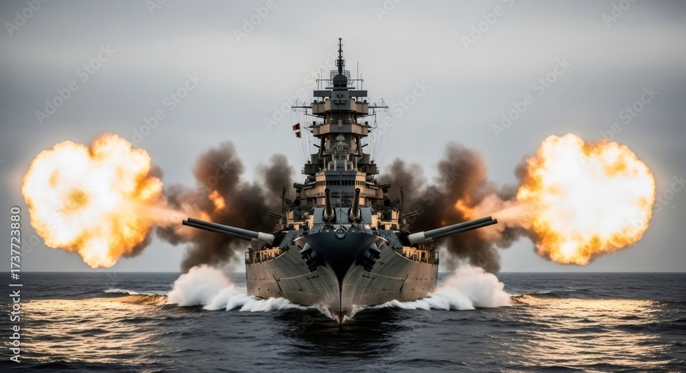 Naklejka premium Battleship firing main guns on the open sea, generating huge muzzle flashes. Naval warfare and military power concept.