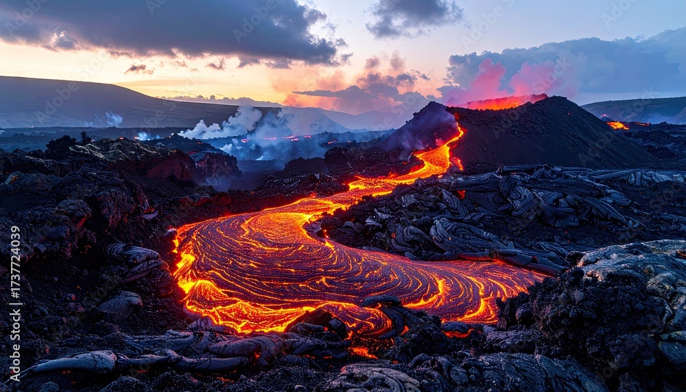 Obraz premium Lava Flowing from Volcano with Hot Molten Rock at Sunset Glow Golden Hour