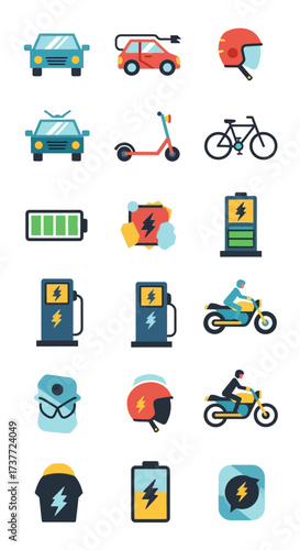 Electric Vehicles and Charging Infrastructure Icons Set.
