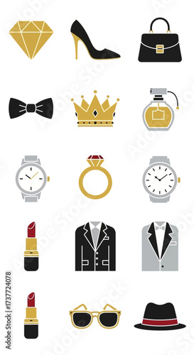 Elegant Fashion Accessories Collection - Diamond, Heels, Bag, Bowtie, Crown, Perfume, Watch, Ring, Lipstick, Blazer, Sunglasses, Hat.