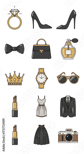 Elegant Fashion and Accessories Collection - Ring, Heels, Bowtie, Bag, Perfume, Crown, Watch, Sunglasses, Lipstick, Dress, Suit, Skirt, Camera.