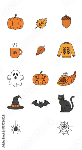 Fall and Halloween Icons - Pumpkins, Leaves, Sweater, Ghost, Bat, Cat, Spider.