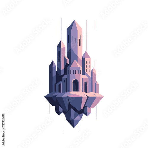 Floating Fantasy Castle Illustration with Geometric Design and Pastel Colors.