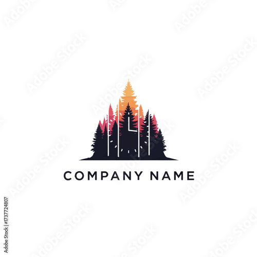 Forest Silhouette Logo Design with Colorful Sky and Company Name.