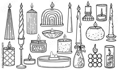 PrintHand drawn outline decorative candles collection. Modern romantic vector candles set