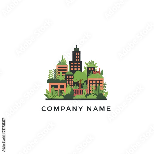Green Cityscape Logo Design with Buildings and Plants for Eco-Friendly Business.