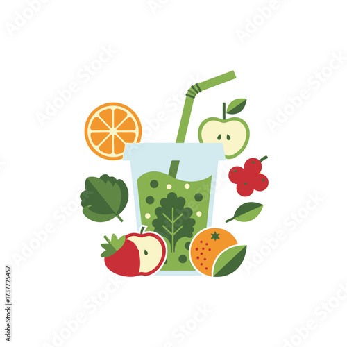 Healthy Green Smoothie with Fruits and Vegetables Illustration.