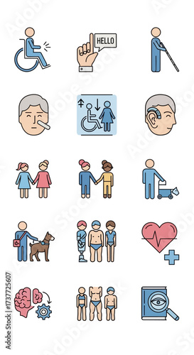 Icons depicting various disabilities and support systems for inclusivity.