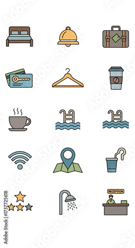Hotel Amenities Icons - Bed, Bell, Luggage, Wallet, Hanger, Coffee, Pool, WiFi, Map, Shower.