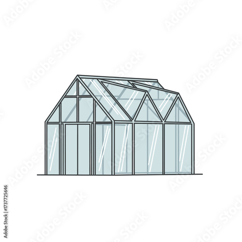 Illustration of a Greenhouse with Glass Panels and Metal Frame.