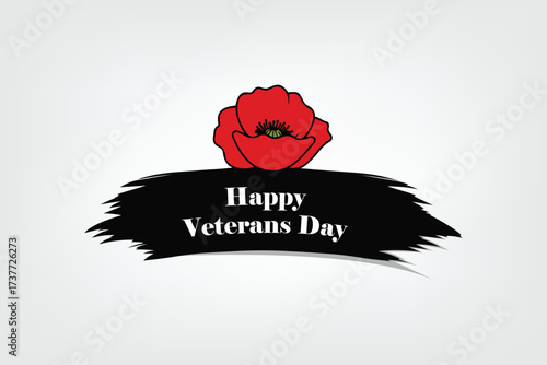 Happy Veterans Day Banner with Red Poppy Flower on Black Brush Stroke