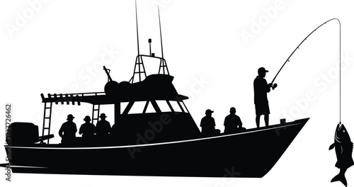 Silhouette of a fishing boat with crew, one angler reeling in a large fish, capturing the thrill of deep-sea sportfishing adventure.