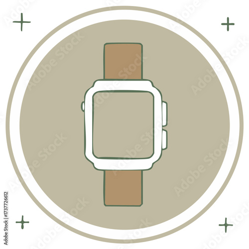 Minimalist Style Smart Watch Flat Illustration with Tan Band And Round Frame