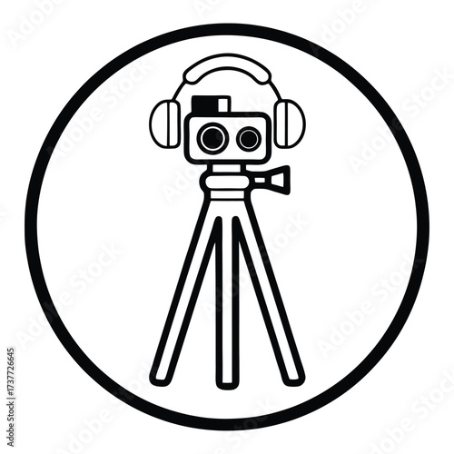 Professional camera on tripod with headphones icon for photography and videography services 