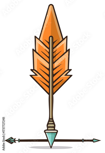 Stylized vertical arrow with geometric orange feather fletching and a crystal arrowhead pointing down