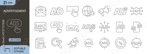 Advertisement icons set. Includes icons for billboard, megaphone, campaign, marketing, banner, social media, ad target, promotion, announcement, and communication. Editable stroke. Line icons. 