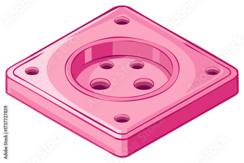 Pink isometric vector illustration of a square mechanical component or base plate