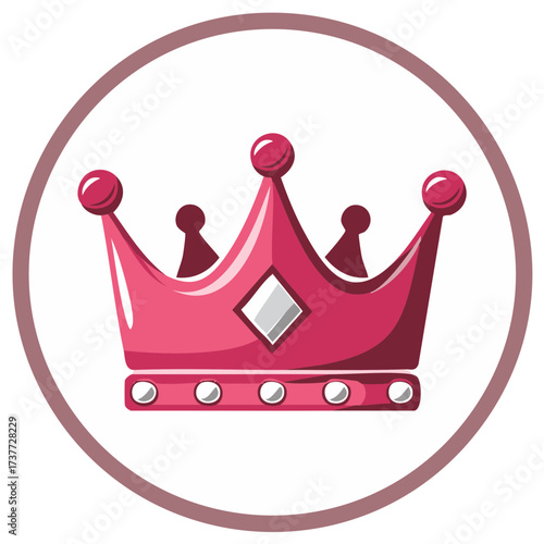 Cartoon Pink Crown with Jewels Inside a Circle