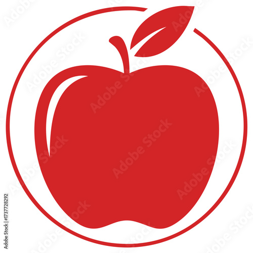 Bright red apple icon inside a circle featuring a leaf, suggesting freshness and natural food, ideal for health concepts.