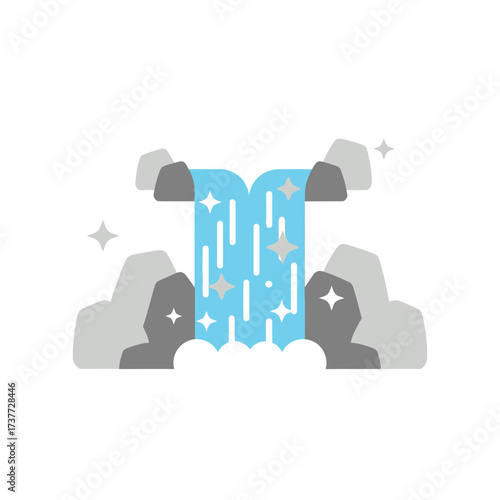 Stylized Waterfall Illustration with Rocks and Sparkling Water.
